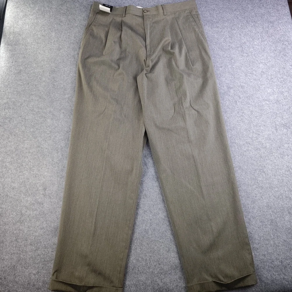 Claiborne Pants Mens 36x32 Olive Pinstripe Pleated Cuffed NWT Stretch Trouser